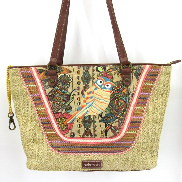 Sakroots Meadow Medium Beige and Multicolor Satchel with Embroidered Owl - Picture 2 of 11